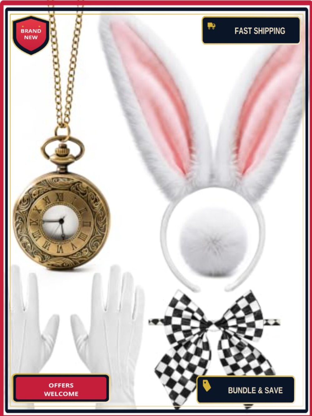 White Rabbit Costume Set Bunny Ears Tail Nose Bow Tie Gloves Pocket Watch